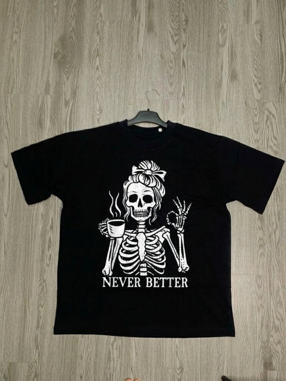 Messy Bun Drinking Coffee Skeleton T-Shirt for Women Funny Graphic Tees